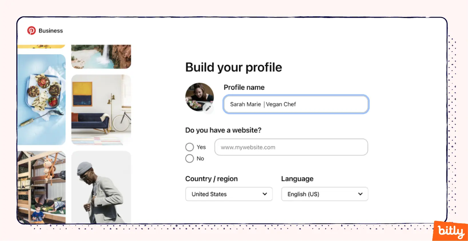 An example of the sections you fill out to create a business profile on Pinterest