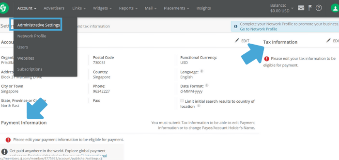 cj network affiliate payment tax information