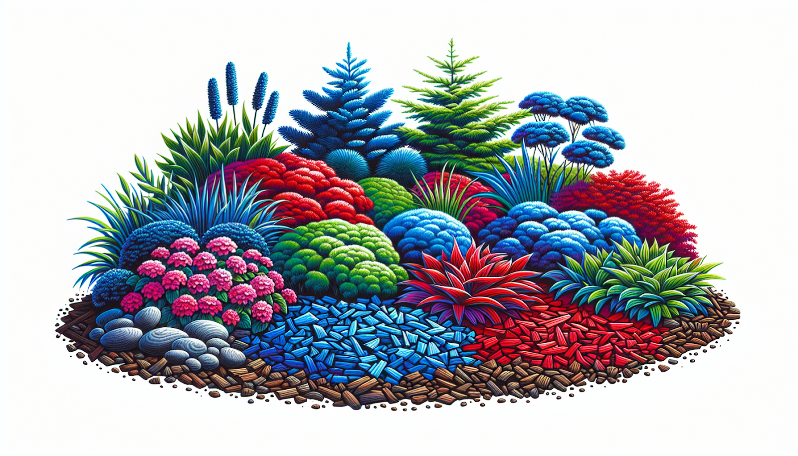 Illustration of colorful and decorative mulches in a garden