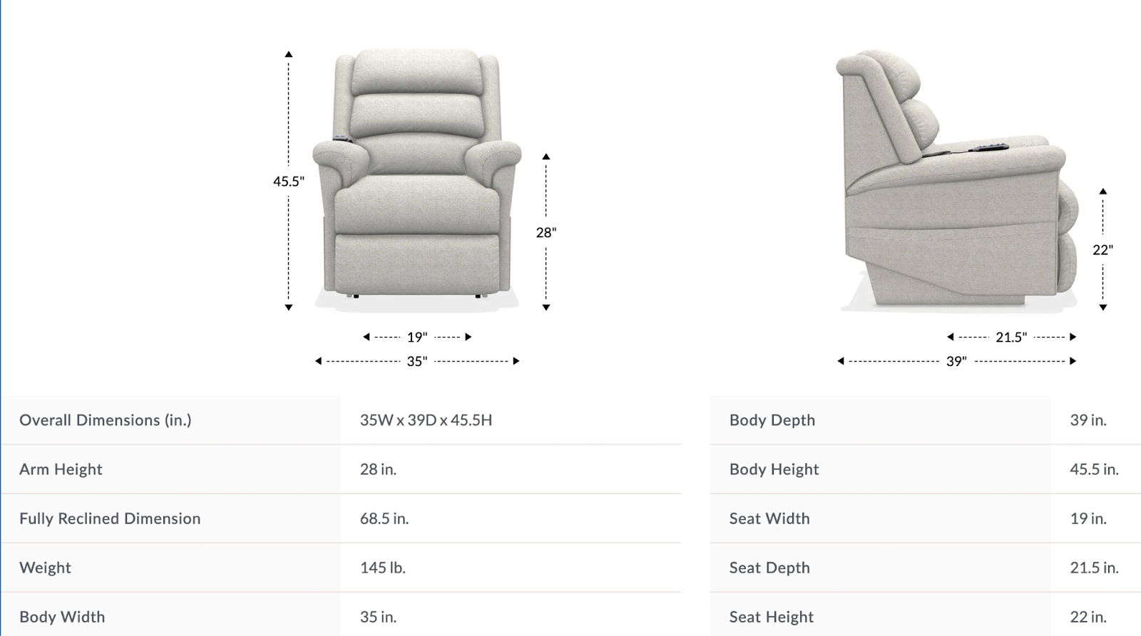 astor platinum power lift recliner dimensions