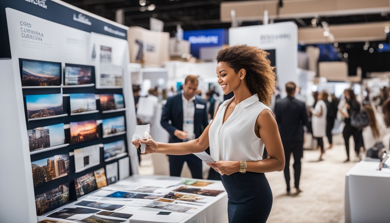 A businesswoman organizes marketing materials at a trade show booth.