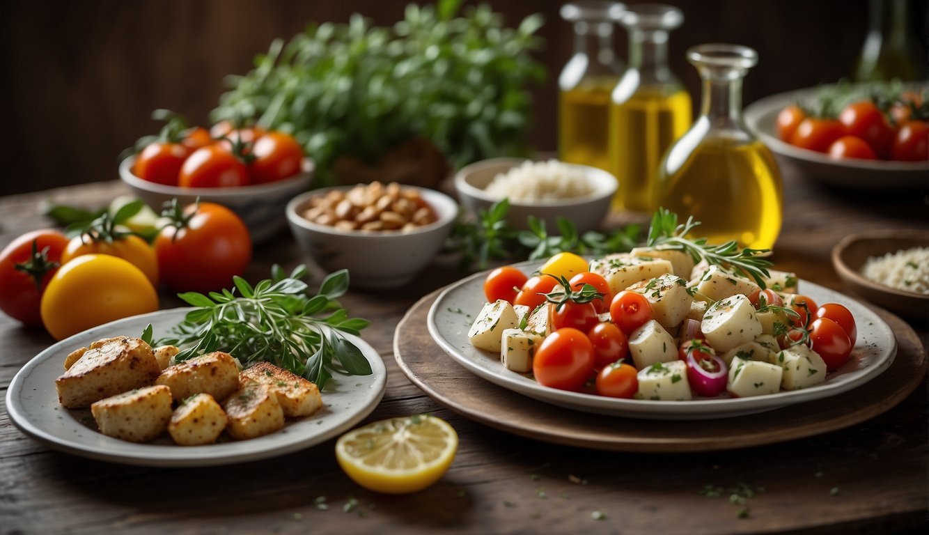 A table set with colorful plates of Mediterranean dishes, surrounded by fresh herbs, olive oil, garlic, and tomatoes
