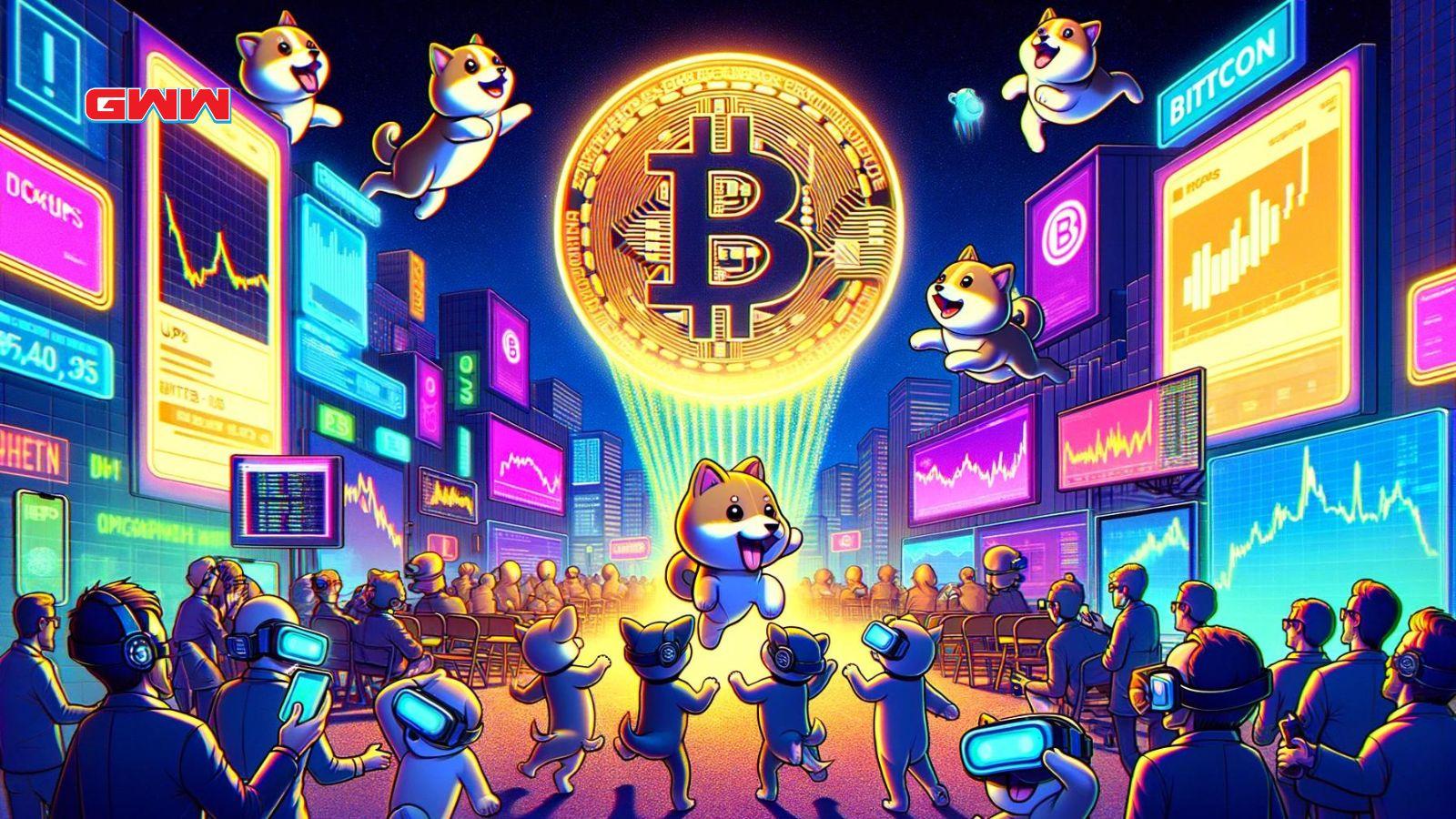 Bitcoin Meme Coin 'PUPS' in a neon-lit digital cityscape