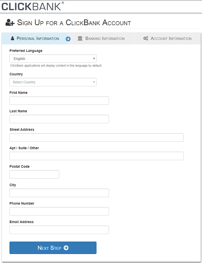 ClickBank Account signup step 2