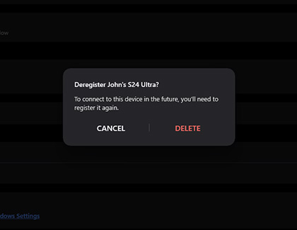 Deregister prompt with options for Cancel or Delete