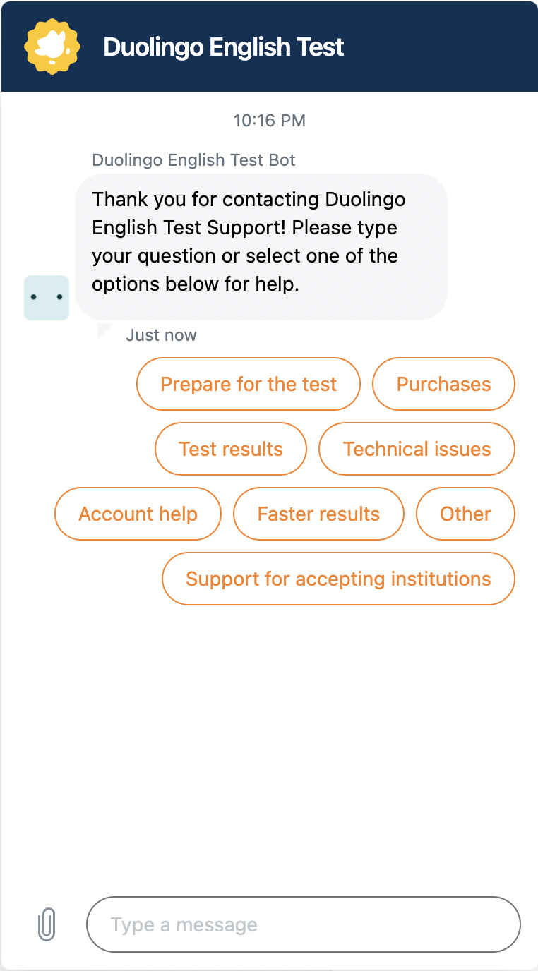 Screenshot Duolingo English Test Support Live Chat