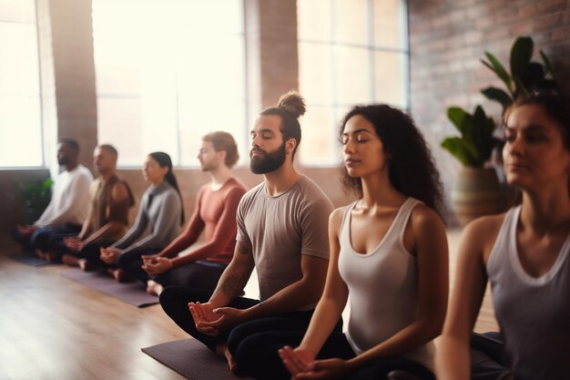 Group meditation in yoga studio breath exercise men and women meditating and breathing with closed eyes breathwork concept Generative AI