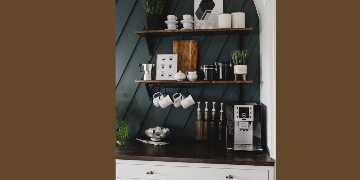 Modern coffee bar with hanging shelves and hooks