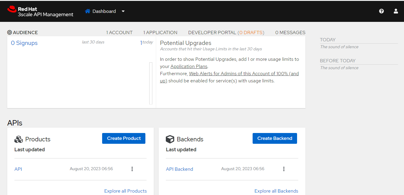 The 3Scale API Management admin dashboard featuring Audience information and options to create a product or backend API.