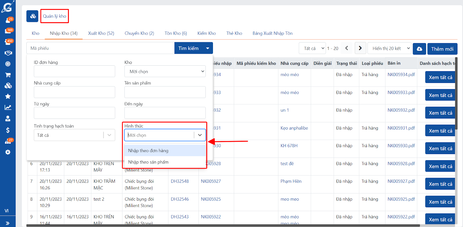 Bổ sung tìm kiếm phiếu xuất/nhập kho theo hình thức “Theo đơn hàng/Sản phẩm”