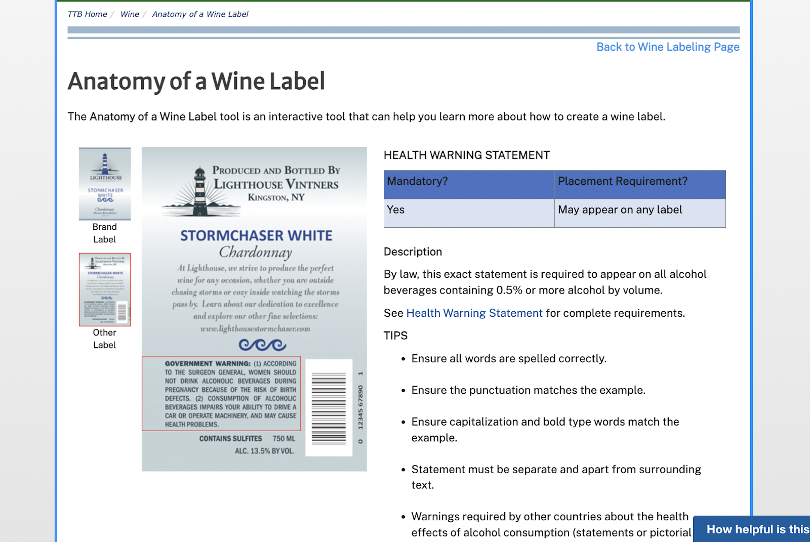 Anatomy of a Wine label screenshot from US Department Treasury website
