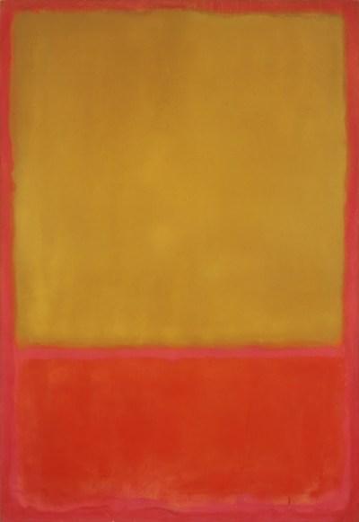 An abstract painting with a large square of mustard yellow over a red-orange rectangle. They are set against a red background.