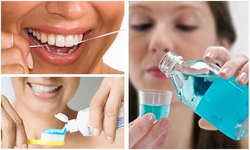 Ảnh ghép về các phương pháp vệ sinh răng miệng: một người phụ nữ dùng chỉ nha khoa, một người khác súc miệng bằng nước súc miệng và một người thứ ba bôi kem đánh răng vào bàn chải đánh răng.
