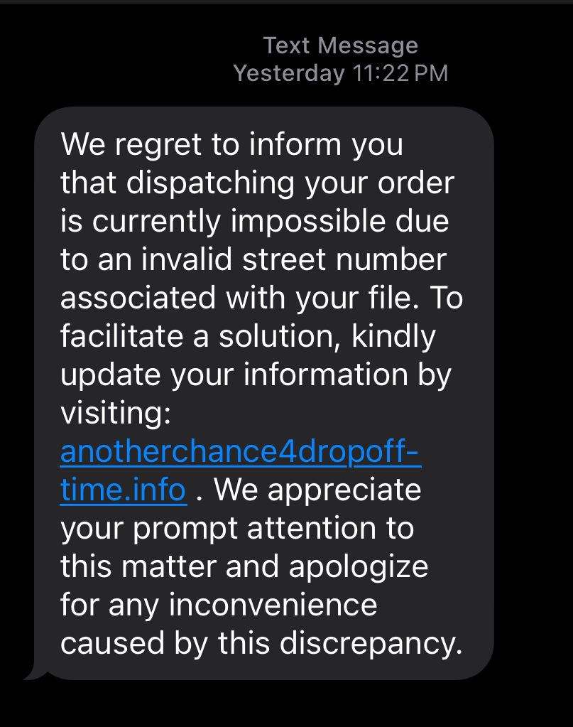 Third-party delivery service SMS scam message saying you will not get your delivery without clicking the dangerous link.