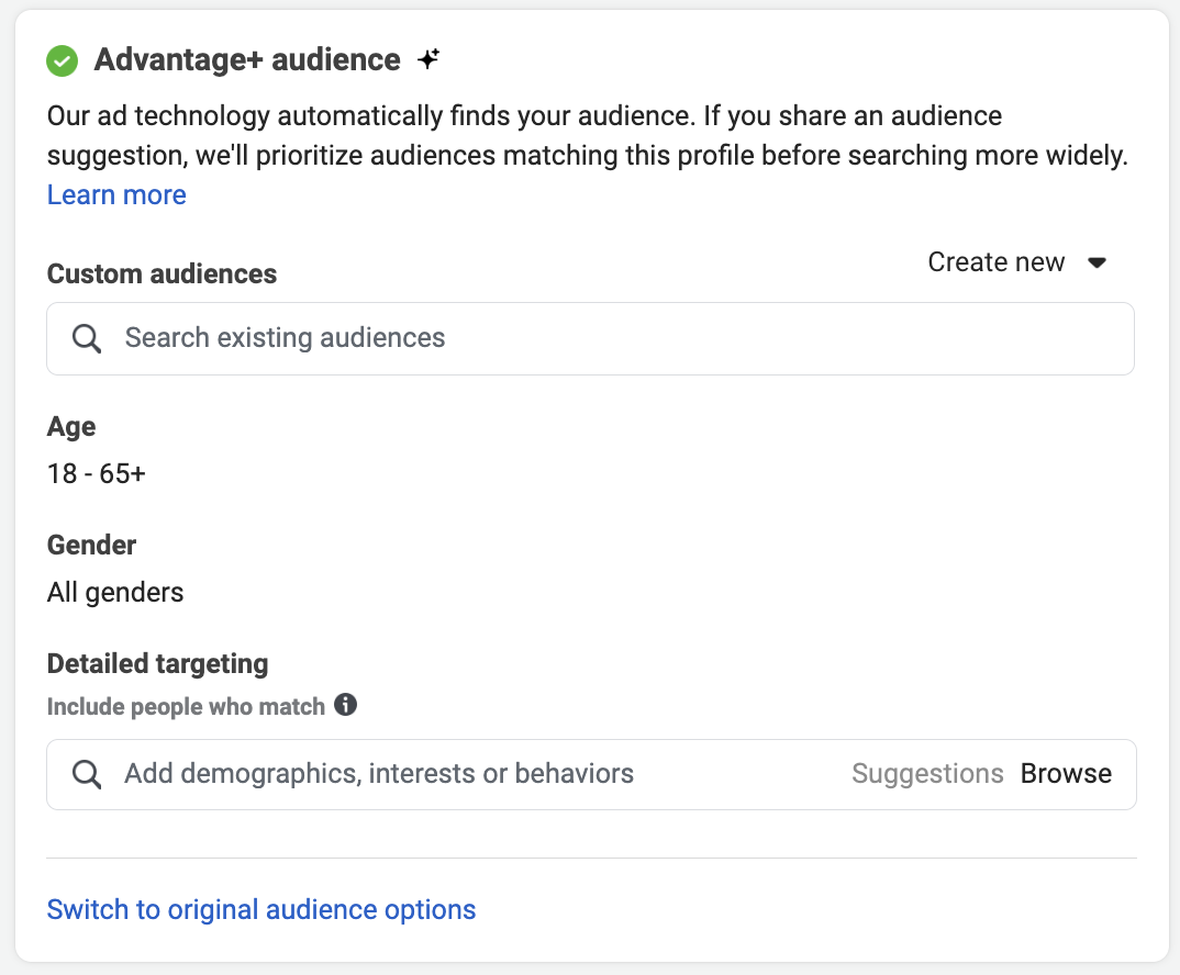audience advantage section of ads manager