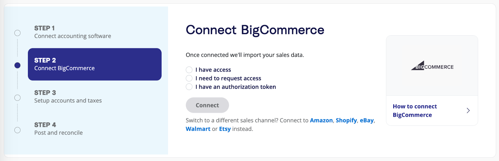 A prompt on the A2X dashboard to connect A2X to BigCommerce