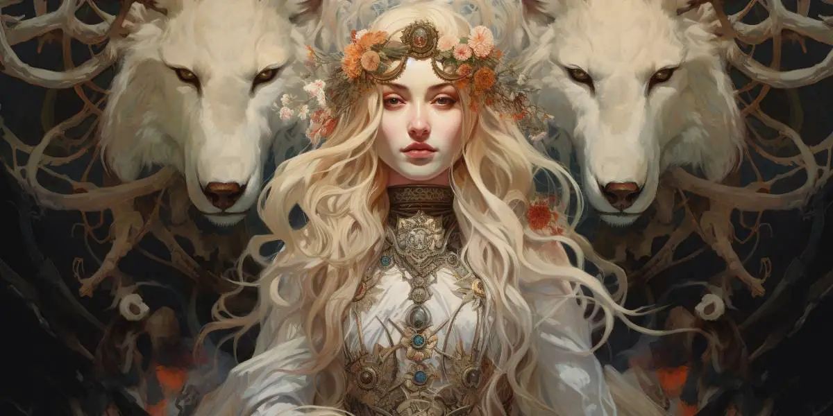 The depicted scene presents a woman of whitish blonde hair donning a white dress and flower crown, with two white wolves positioned behind her.
