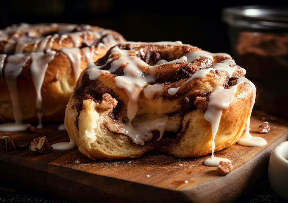 AI generated image of frosted cinnamon buns on wooden serving board, by Cincinnati-based food/drink photographer Teri Campbell