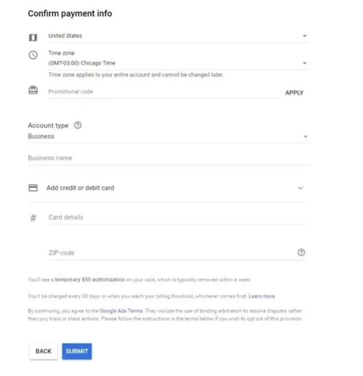 google ad examples, confirm payment