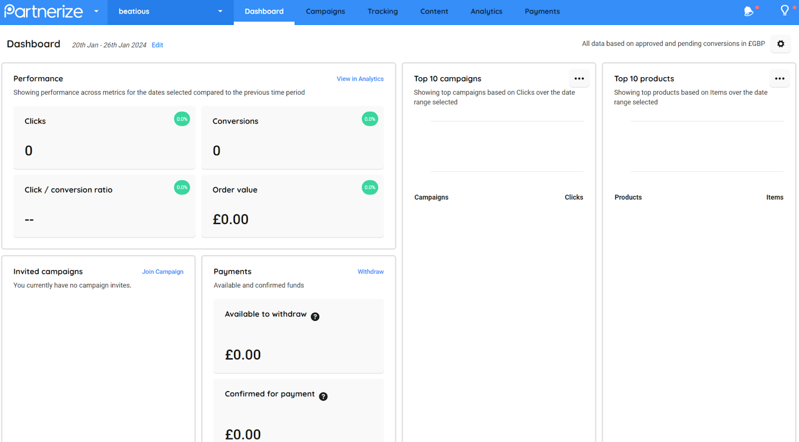 Partnerize affiliate dashboard