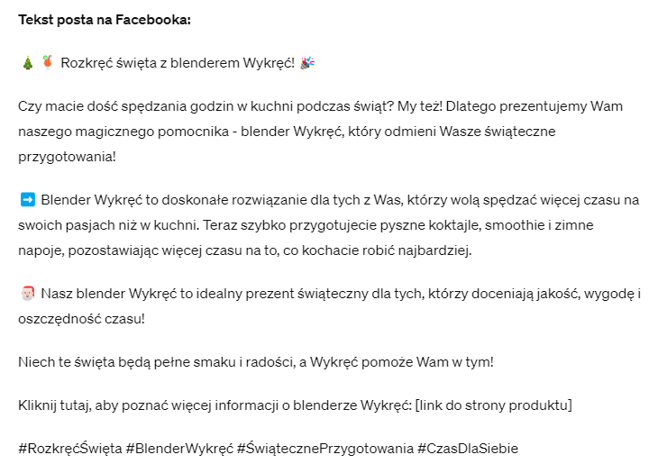 tekst posta na Facebooka przygotowany przez narzędzia AI.