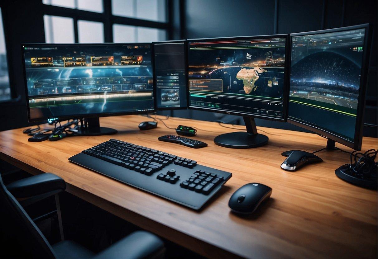 A desk with a computer, steering wheel, pedals, and monitor. Wires connect the hardware to the computer. A racing game is displayed on the screen