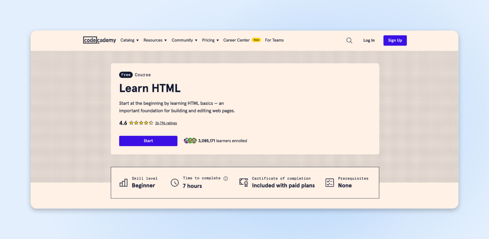 La página de registro del curso gratuito de Codecademy, 'Aprende HTML'
