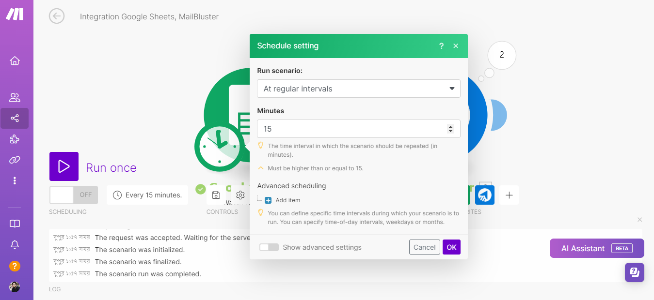 Scheduling integrations between Google Sheets & MailBluster