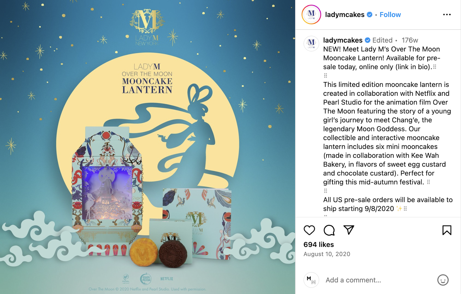 Restaurant marketing ideas: Dessert brand Lady M created a limited edition mooncake lantern in partnership with Netflix. 