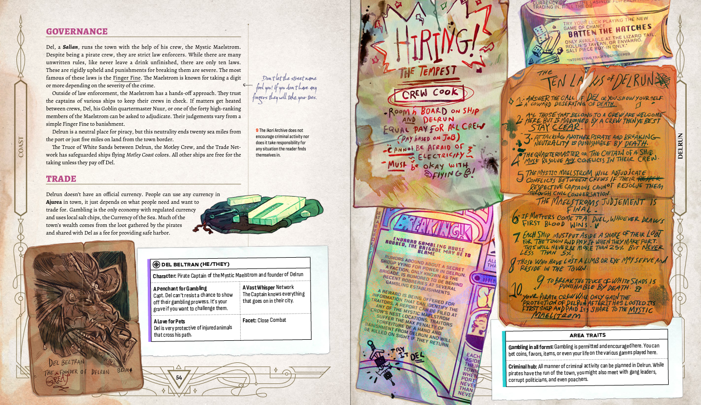 Example of page layout with a pencil drawing of an NPC, notes, news articles, and mechanics excerpts.