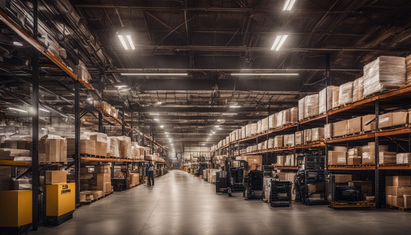 A busy warehouse with organized shelves and modern technology.