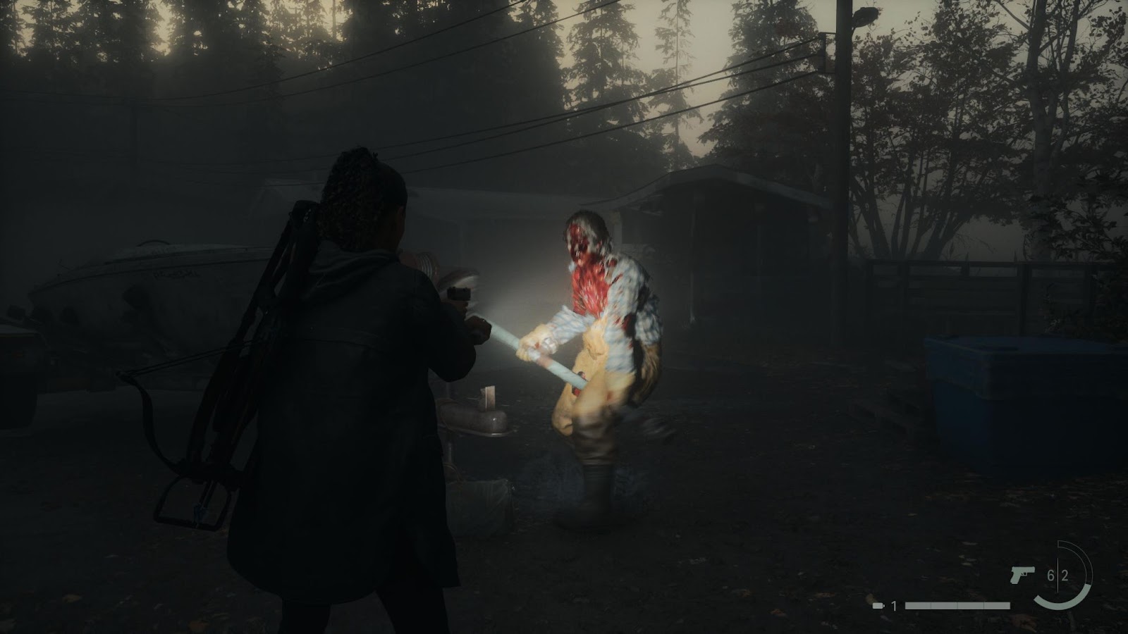 An in game screenshot of the fisherman Taken at the Lighthouse Trailer Park in Alan Wake 2. 