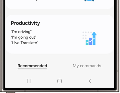 Bixby screen displaying Recommended and My commands options