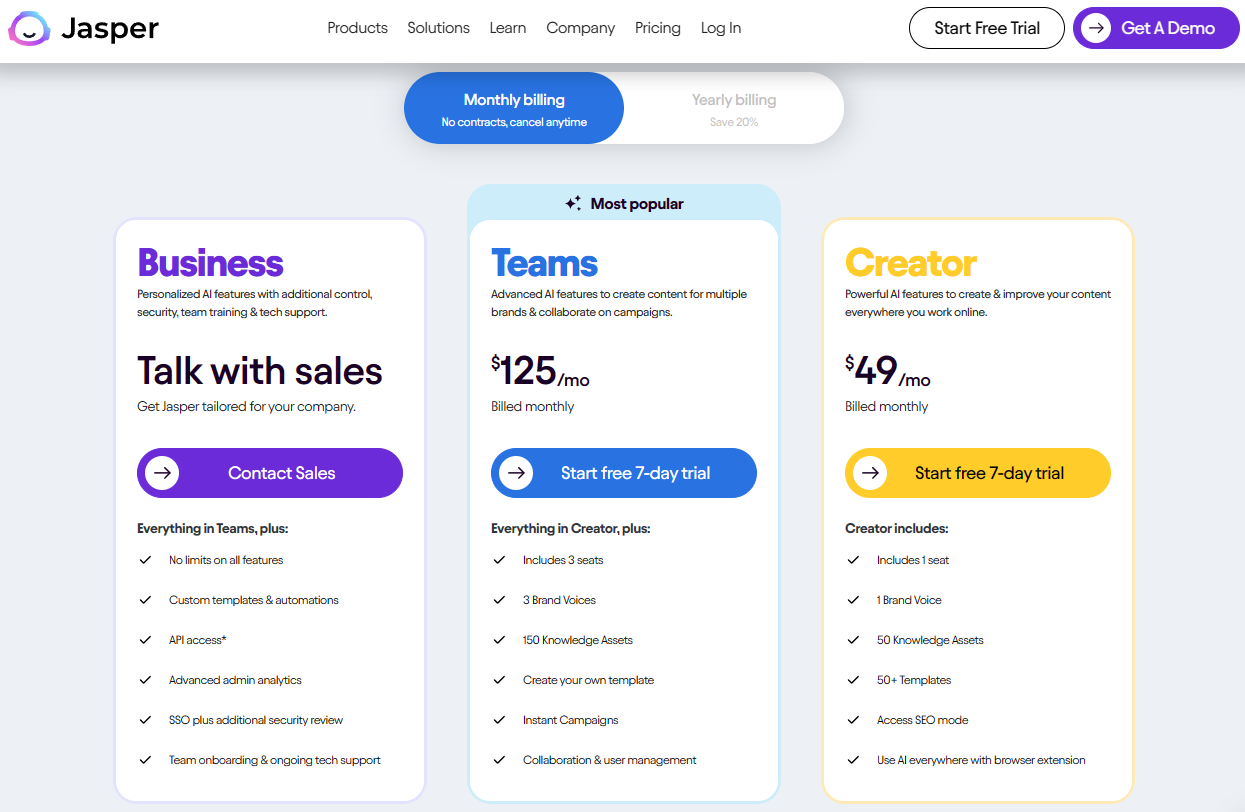 Pricing Plans for Jasper AI