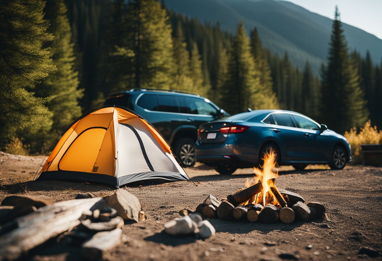 A campsite with a car parked next to a tent, campfire, and camping gear spread out. A scenic backdrop of mountains or forest in the distance