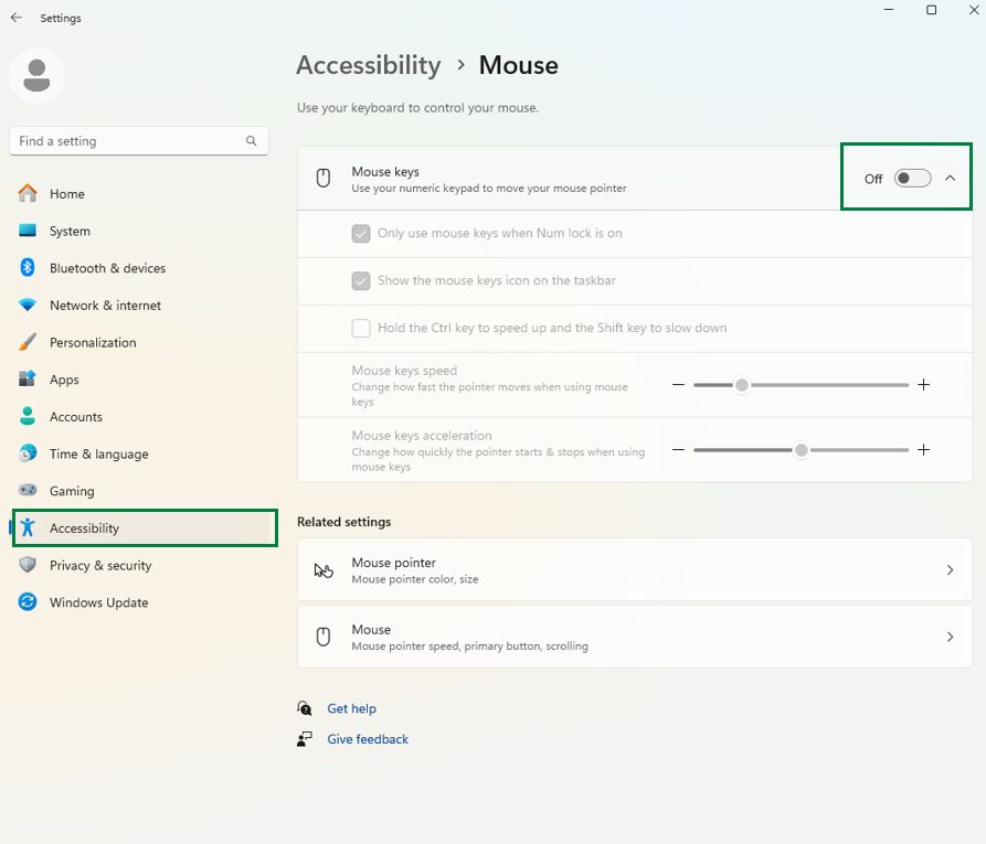 Turn off the Mouse keys in Accessibility