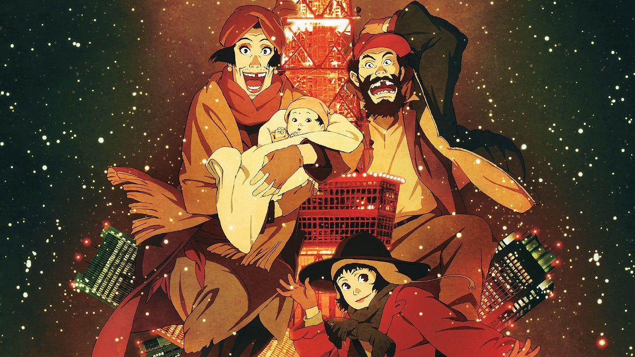 A group of characters from 'Tokyo Godfathers' gaze directly at the viewer, their expressions varied: some curious, some serious, and one character tenderly cradling a baby in their arms. Their eyes convey emotions reminiscent of the heartwarming and sentimental moments found in the best comfort Christmas films, inviting the viewer into their compelling and touching story.