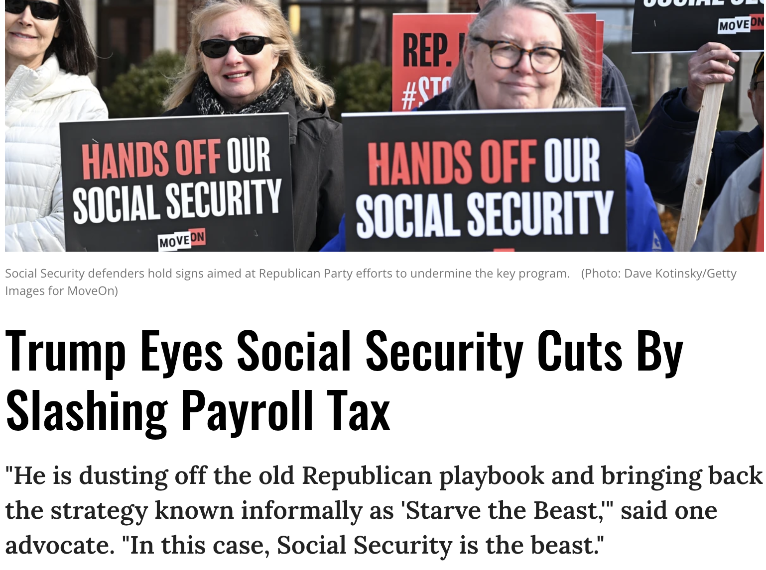 Headline from Common Dreams: Trump Eyes Social Security Cuts by Slashing Payroll Tax