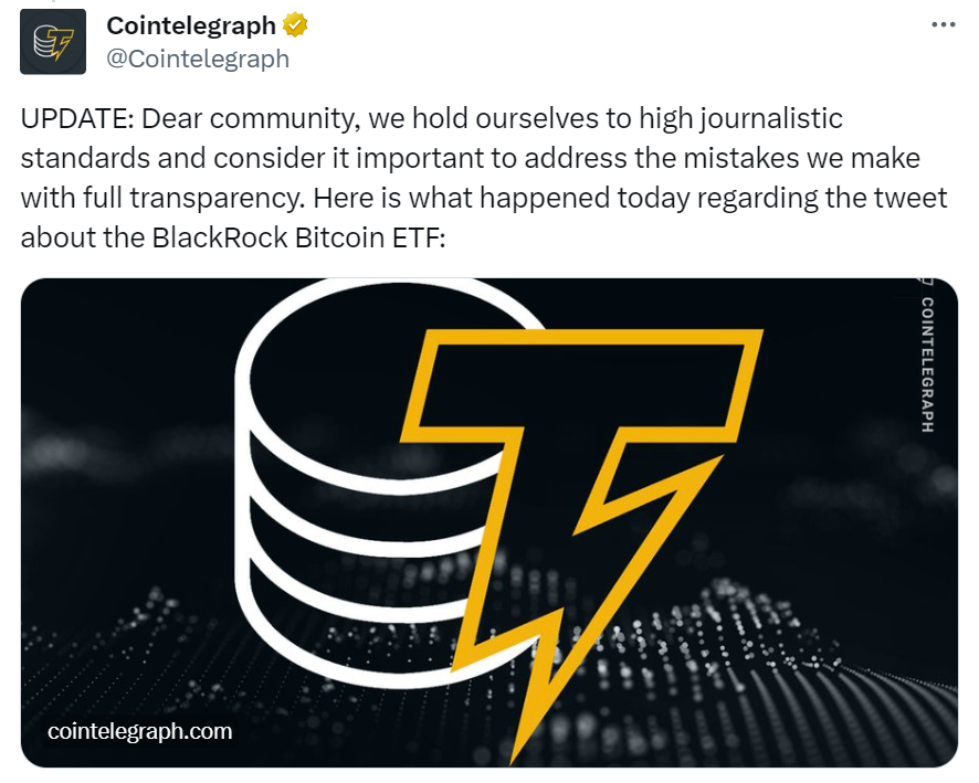 Cointelegraph update regarding fake news claims 