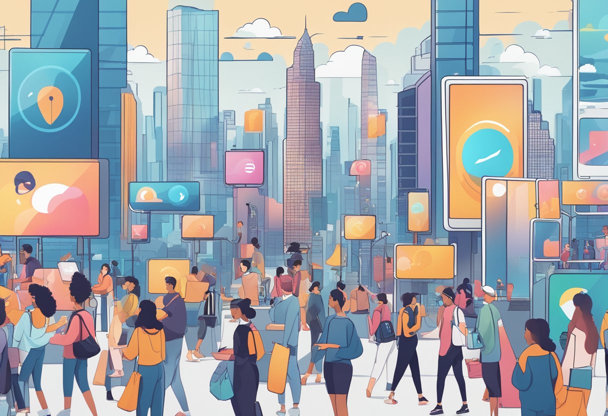 A bustling city skyline with digital billboards displaying influencer content, surrounded by a diverse group of people engaging with social media on various devices