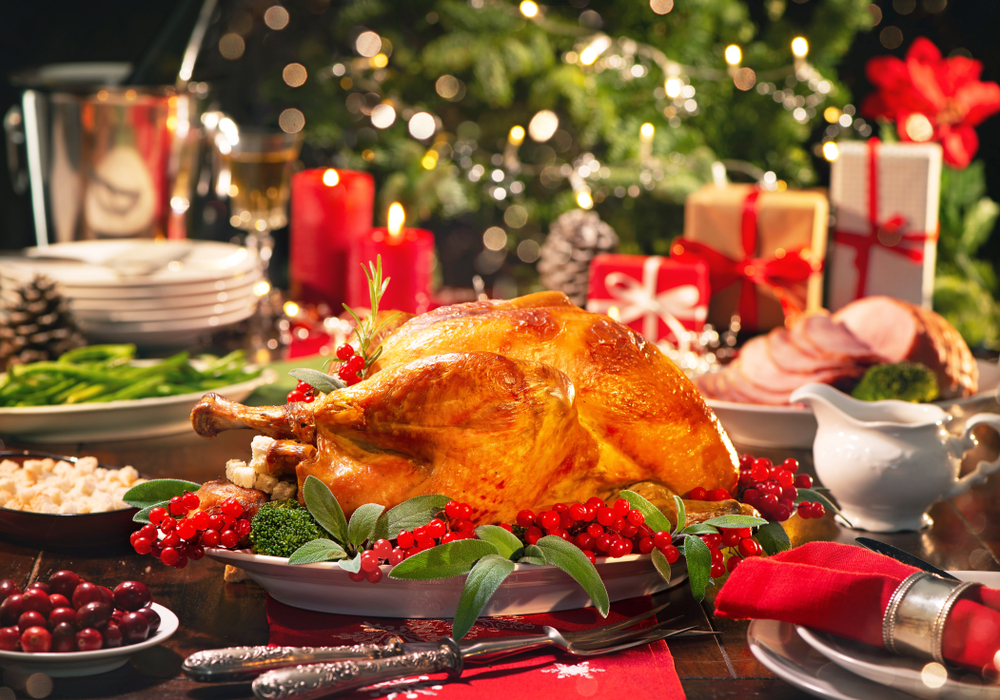 Traditional roast turkey, gingerbread cookies, and mulled wine shared with loved ones