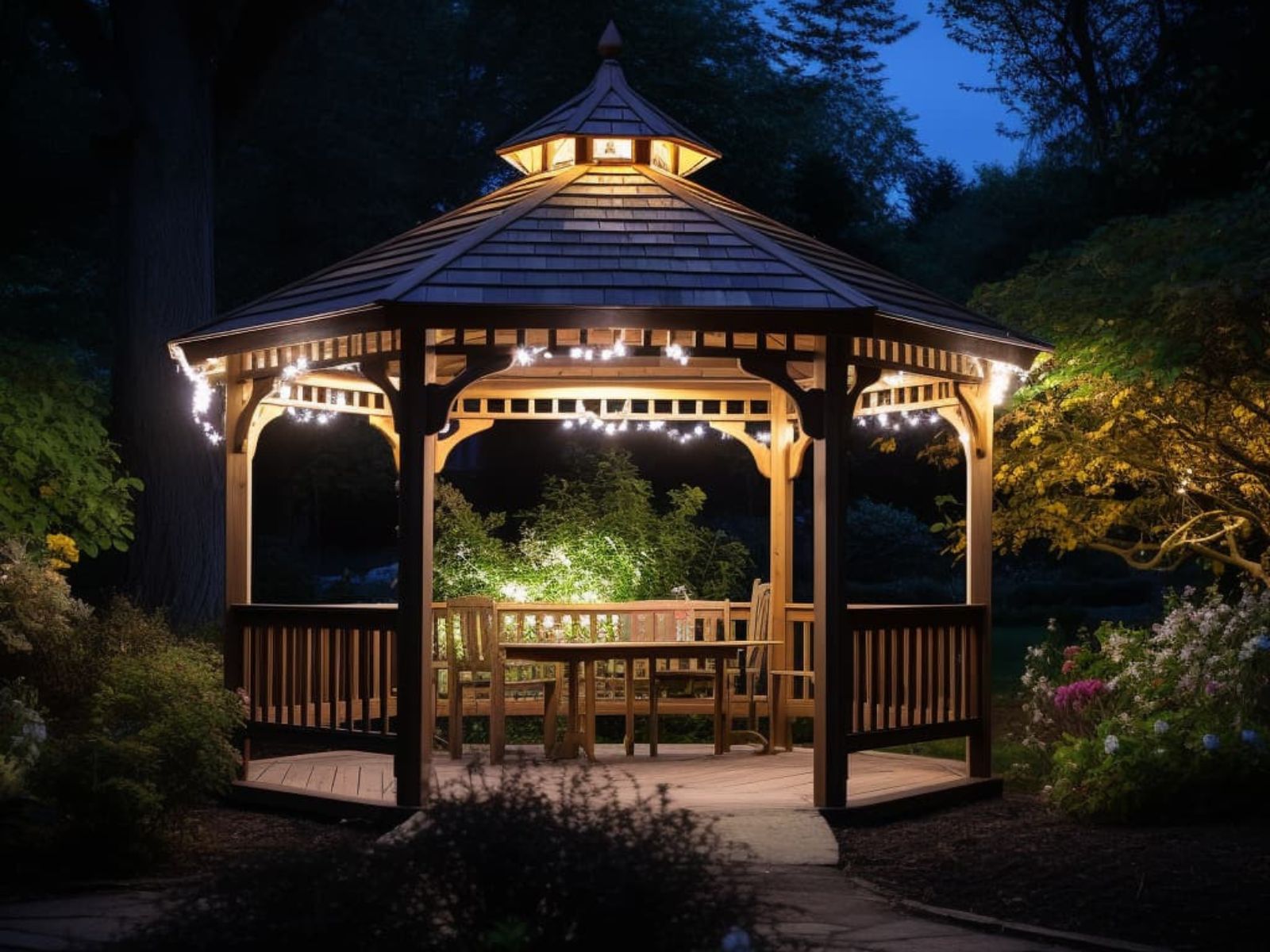 A garden gazebo decorated with bulb string lights