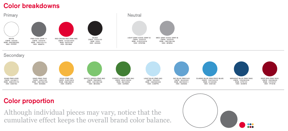 Red Cross' color breakdowns and proportions pulled from their nonprofit branding guide