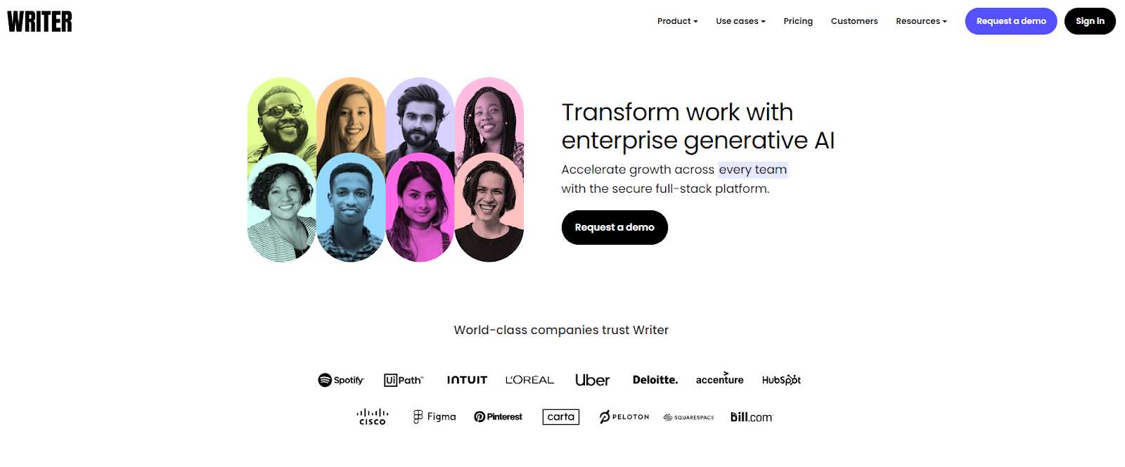 The homepage for the Writer product platform. 