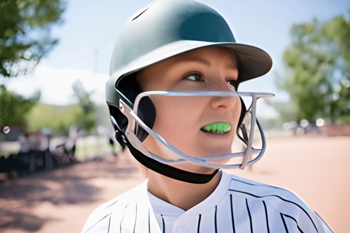 Softball batter with face protection helmet