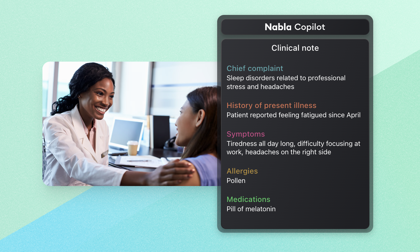A screenshot of how Nabla Copilot works. There's a colored picture of two women by it.