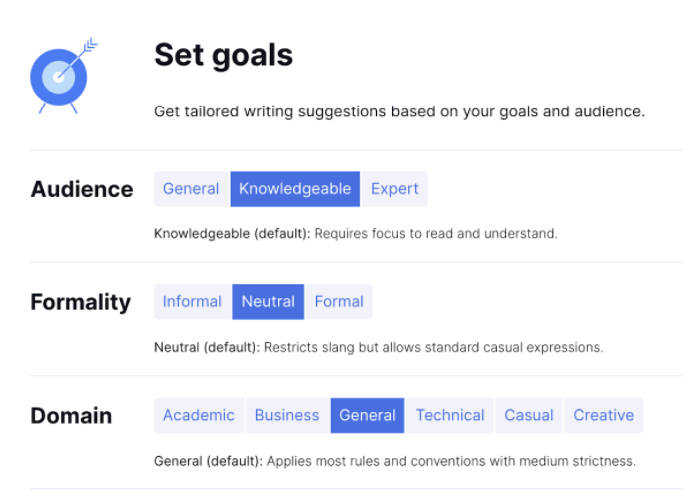 screenshot of Grammarly's goal setting options