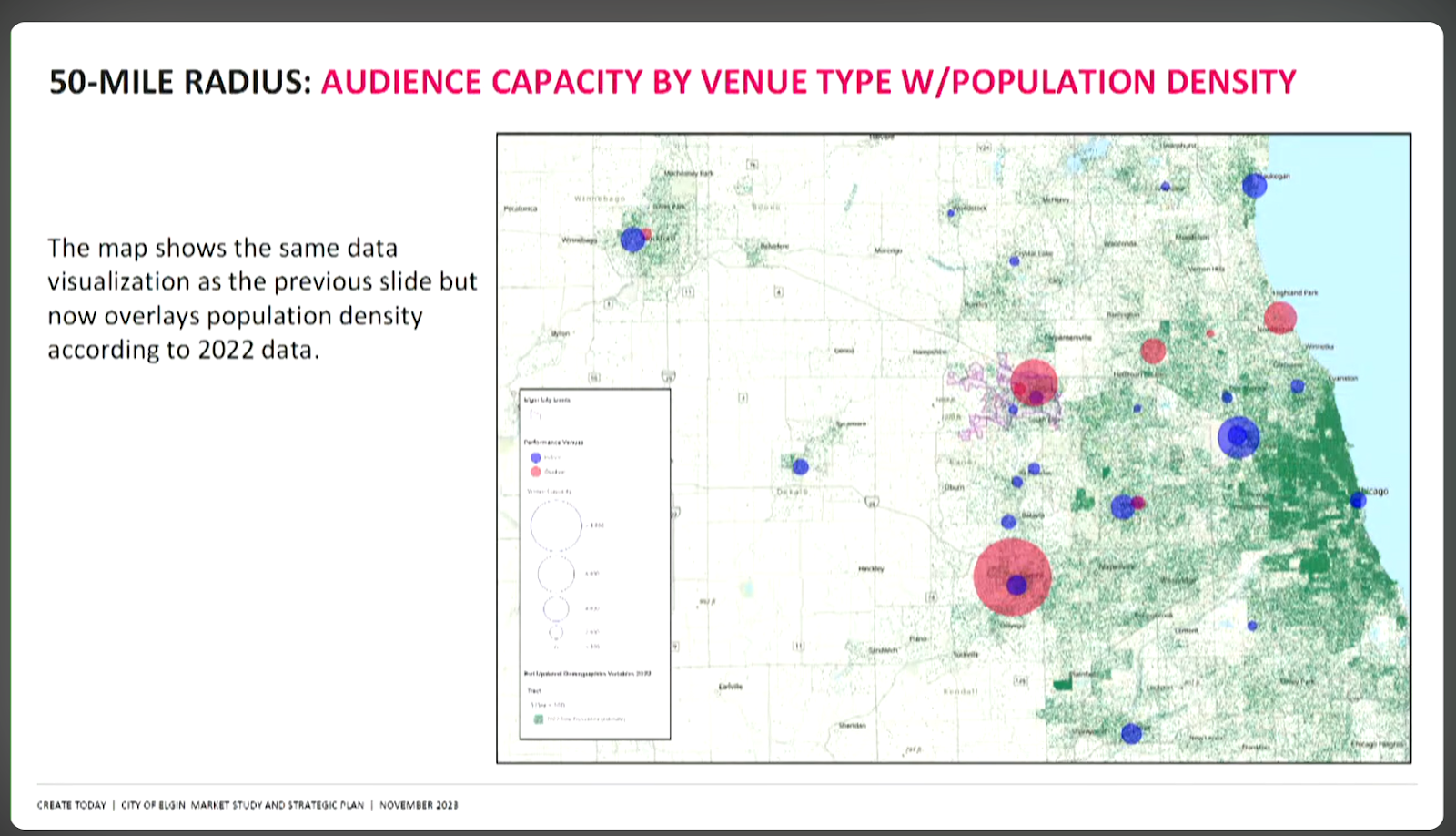 Map of cultural arts venues comnpared to population density in the Chicagoland area as previously described.