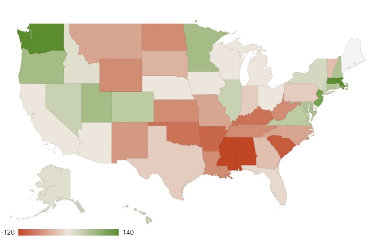 a map of the united states showing which states have the most DUI crash deaths
