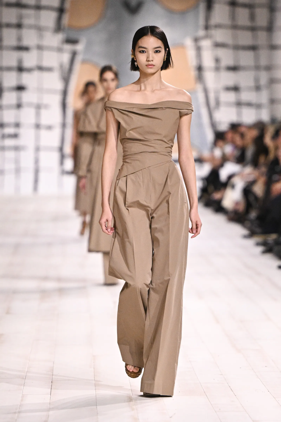 Picture showing a model in a stunning brown gown for the Dior runway